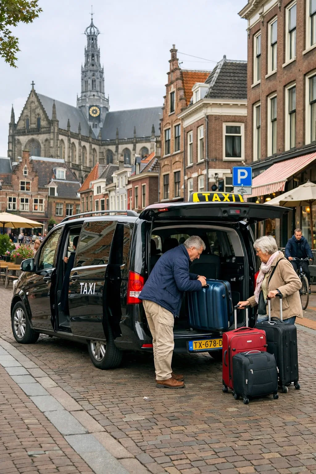 Zwarte Mercedes Vito taxi op de Grote Markt in Haarlem met de Grote Kerk op de achtergrond